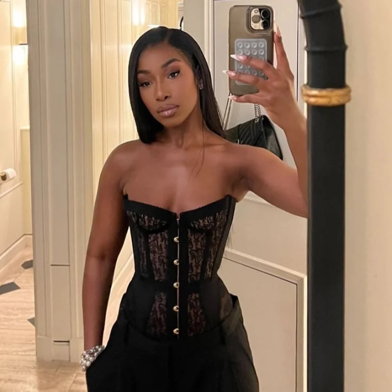 Lace Strapless Corset Bandage Sexy Hollow Out Off Shoulder Slim Vest Chic Backless Sleeveless High Street Tops Party Wear 251027