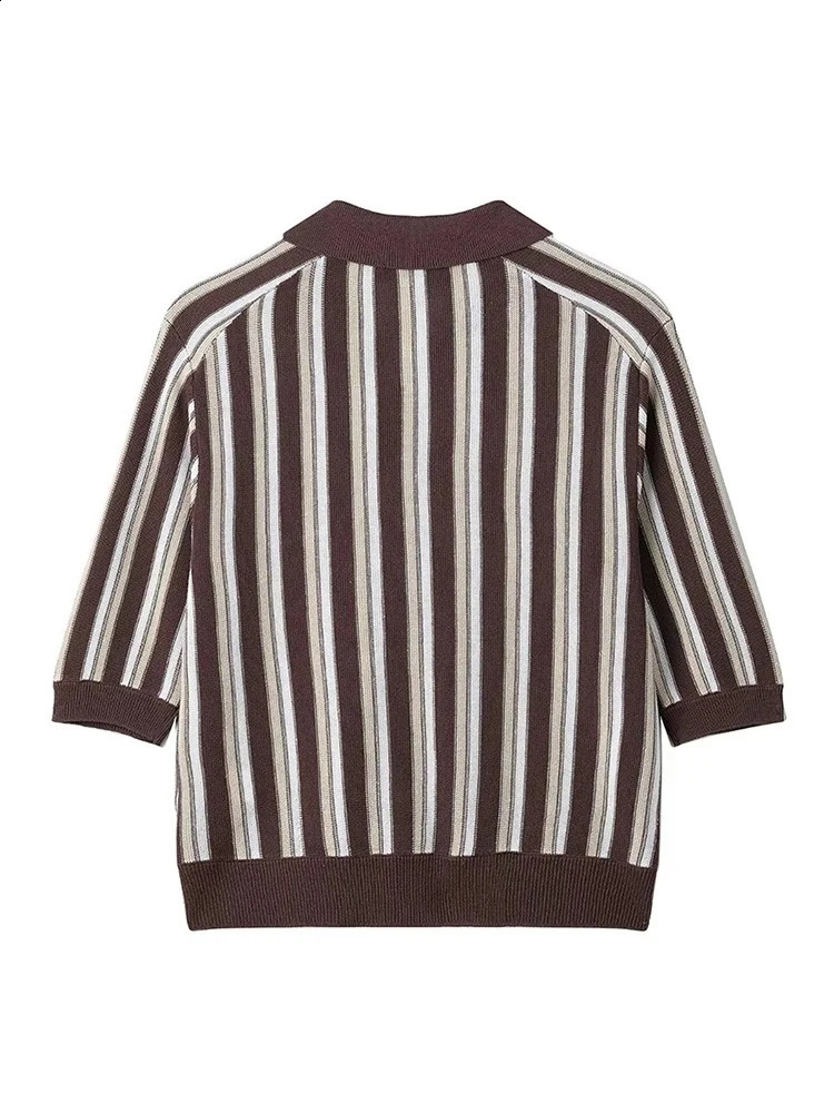 Womens Fashion Simple Slouchy Crash Color Stripe Short Sleeve Single Breasted Knit Polo Top Casual Everyday Versatile Top 251027