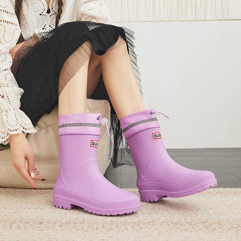 Designer Women's Waterproof Non-Slip Cotton-Padded Warm Mid-Calf Rain Boots Soft Sole Comfortable Drawstring Shoes