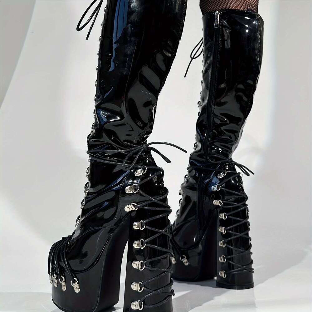 Frankie Hsu Goth Chunky Platform Knee High Heeled Lace Up Boots, Black Patt Siery Multi Buckle Gothic, Punk Y2k Hot Big Large Size Calf Long Shoes For