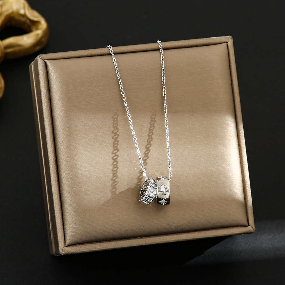 Korean Version Simple Sparkling Dia Carved Round Pendant Titanium Steel Necklace for Women Versatile Personality Ins Style Trend Collarbone Chain