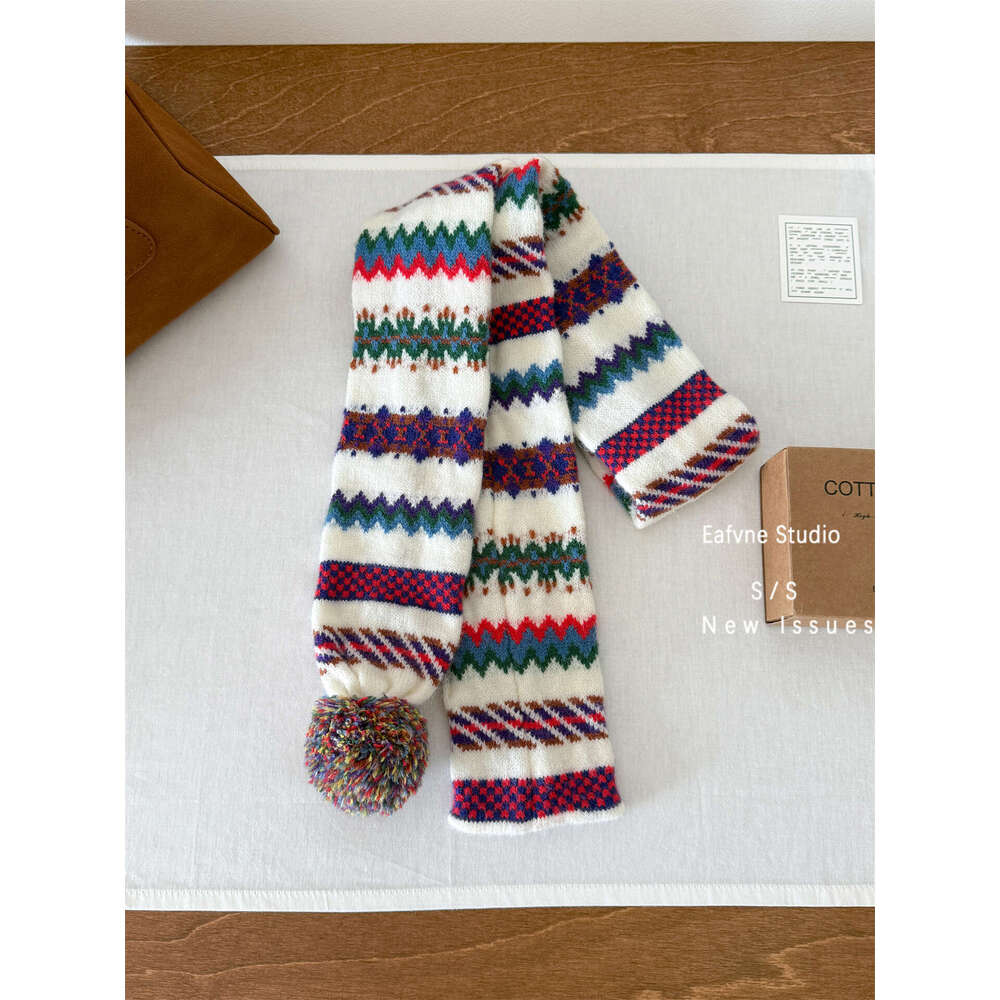 Vintage Dreamy Purple Retro Striped Pom-Pom Scarf Short Autumn Winter Warm Neck Warmer for Women Jacquard
