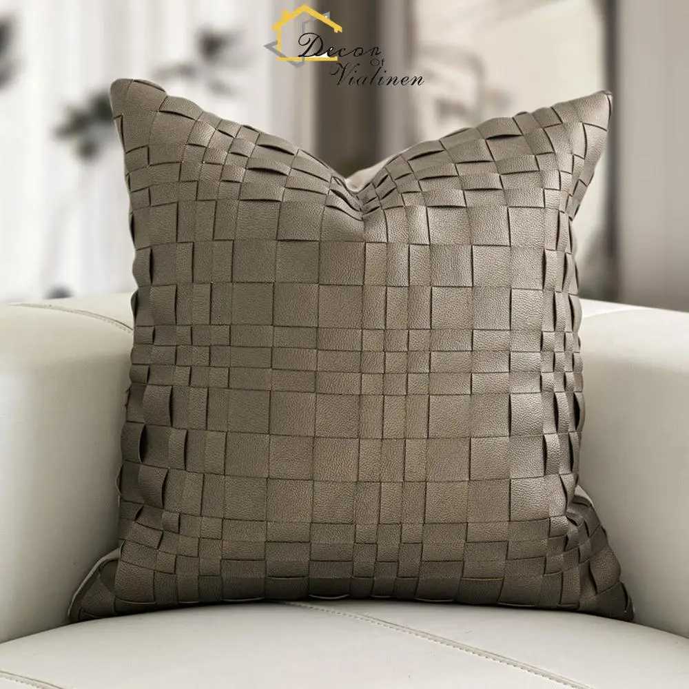 Pillow Case Modern Light Luxury Model Room Premium Metallic Grey Coffee Leather Weaving case Sofa Cushion Bag C251028