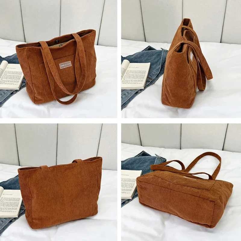 Large Capacity Shoulder Bag Trendy Corduroy Tote Bag Solid Color Ladies Handbag With Front PocketW251028