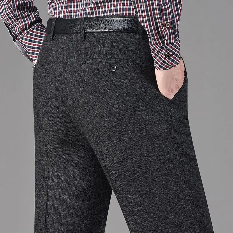 Vintage Autumn Winter Thicken Wool Fleece Suit Pants Men Middle Age High Waist Straight Loose Business Casual Trousers 251027