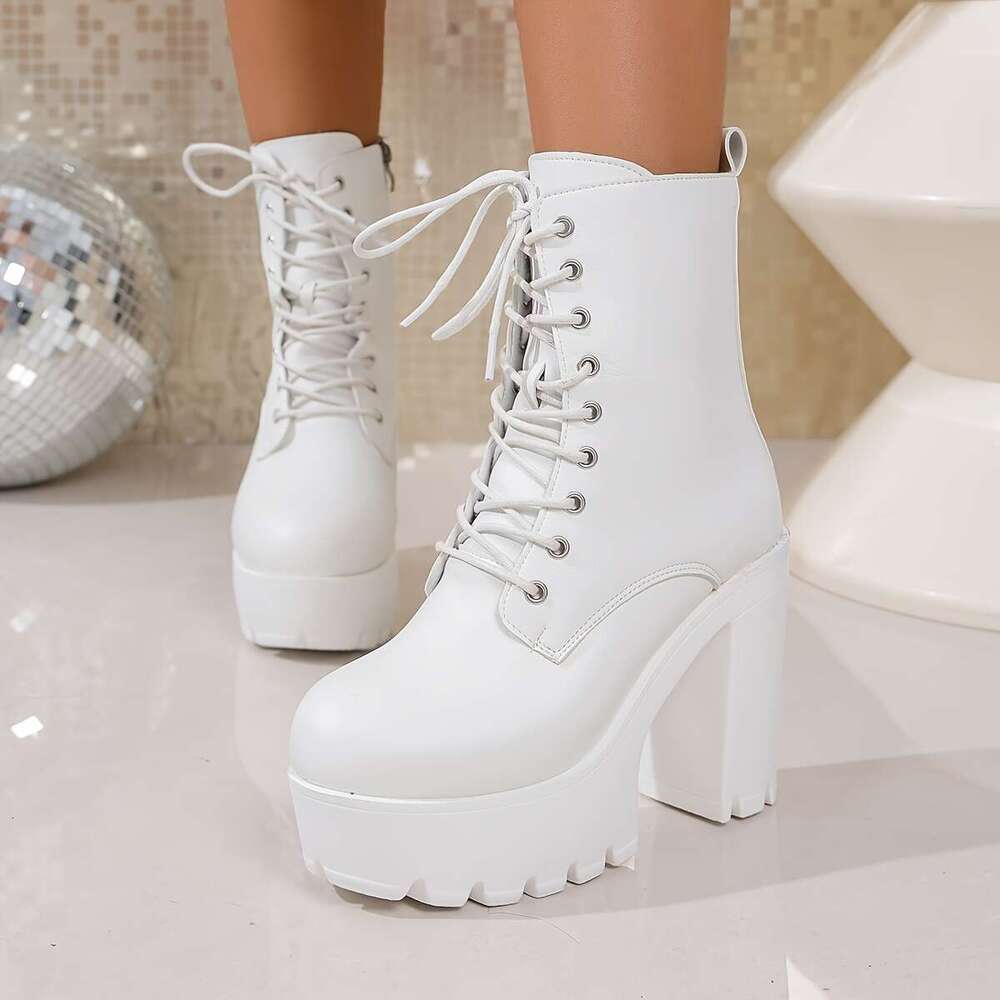 Women's Chunky Platform All-Season Lace-Up Side Zipper Closure, Cushioned Insole & Non-Slip Rubber Sole Elegant White Boots For Parties, Travel, 