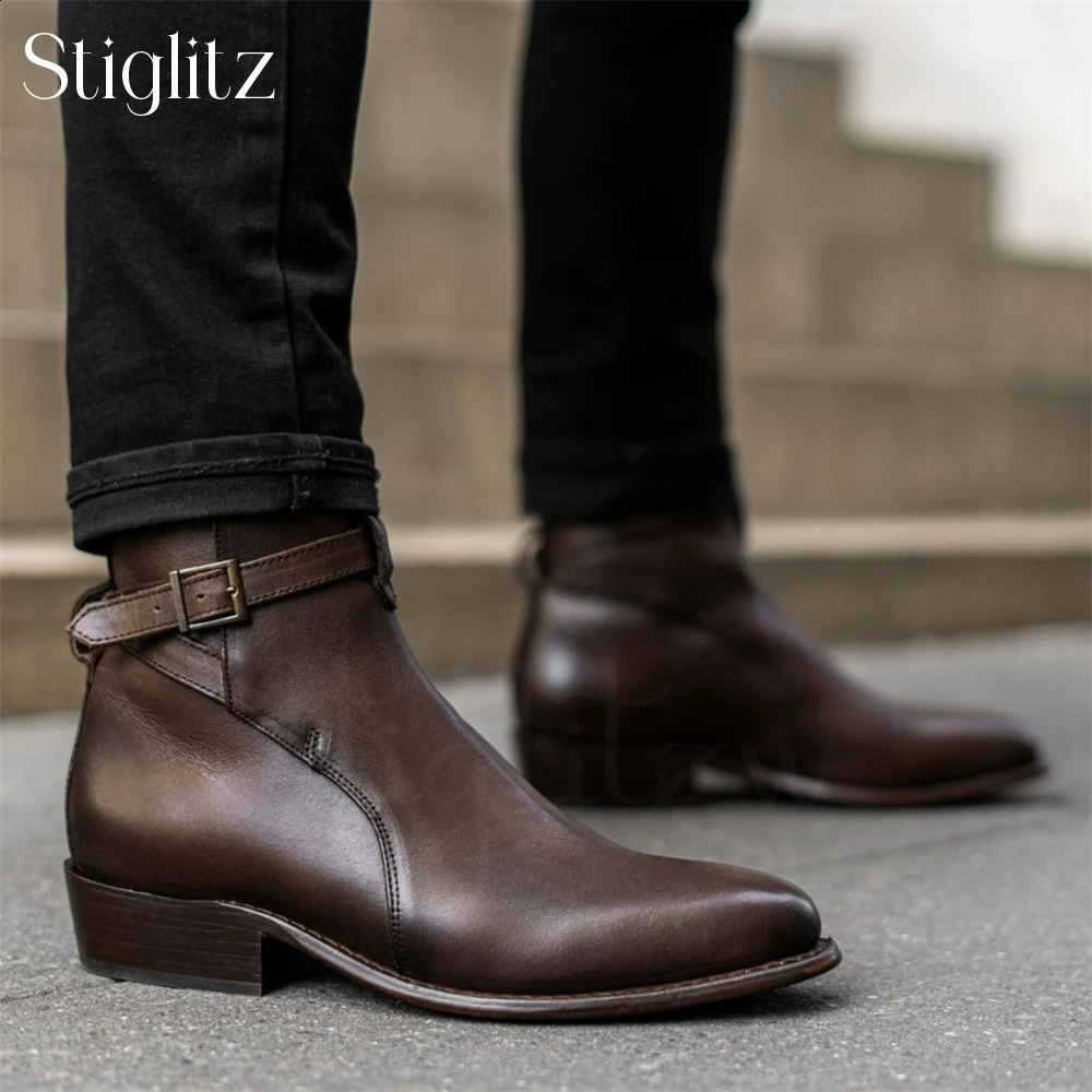 Functional Square Buckle Booties for Men Black Suede Genuine Calf Leather Ankle Boots HandSewn Timeless Style Mens Ankle Boots 251023