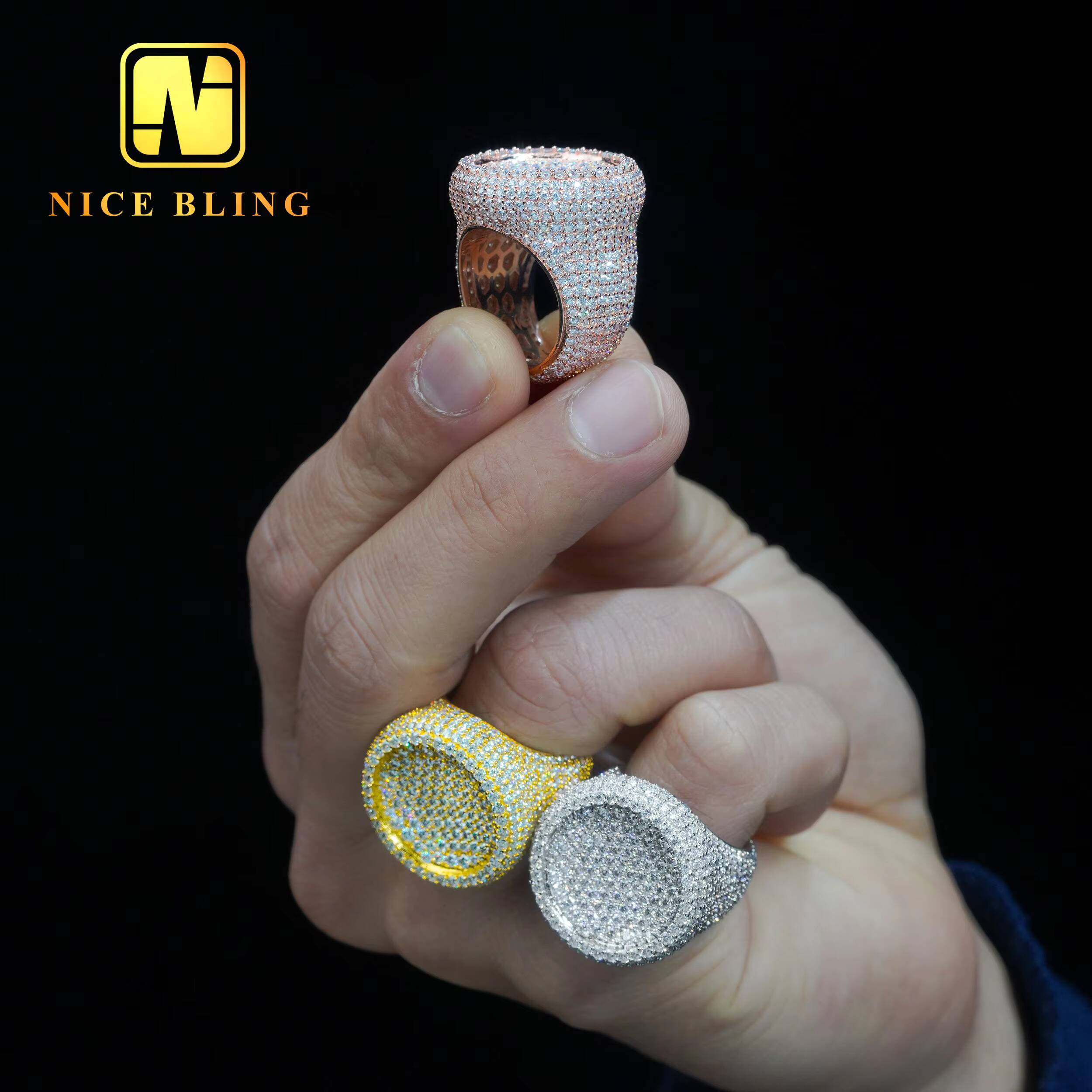 Stock Pass Diamond Tester Hip Hop Jewelry 925 Silver Fully Iced Bubble Edge Round Diamond Moissanite Men Ring
