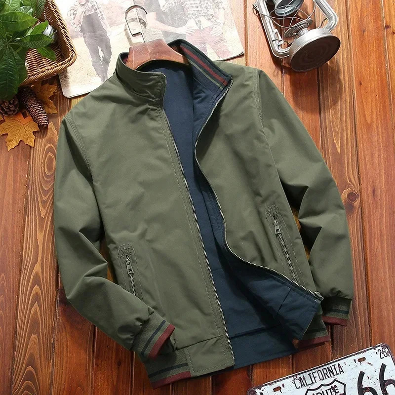 Mens Double Sided Wear Jacket Stand Collar Casual Youth Trend for Men Clothing Bomber Military Coat 251027