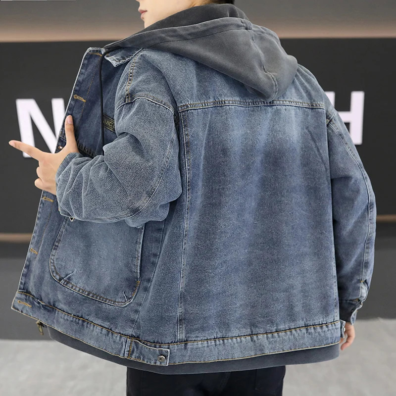 Winter Mens Thicken Warm Denim Jacket Cotton Loose Hooded jean Outwear Coat Solid jacket Men Casual Couple Streetwear 251017