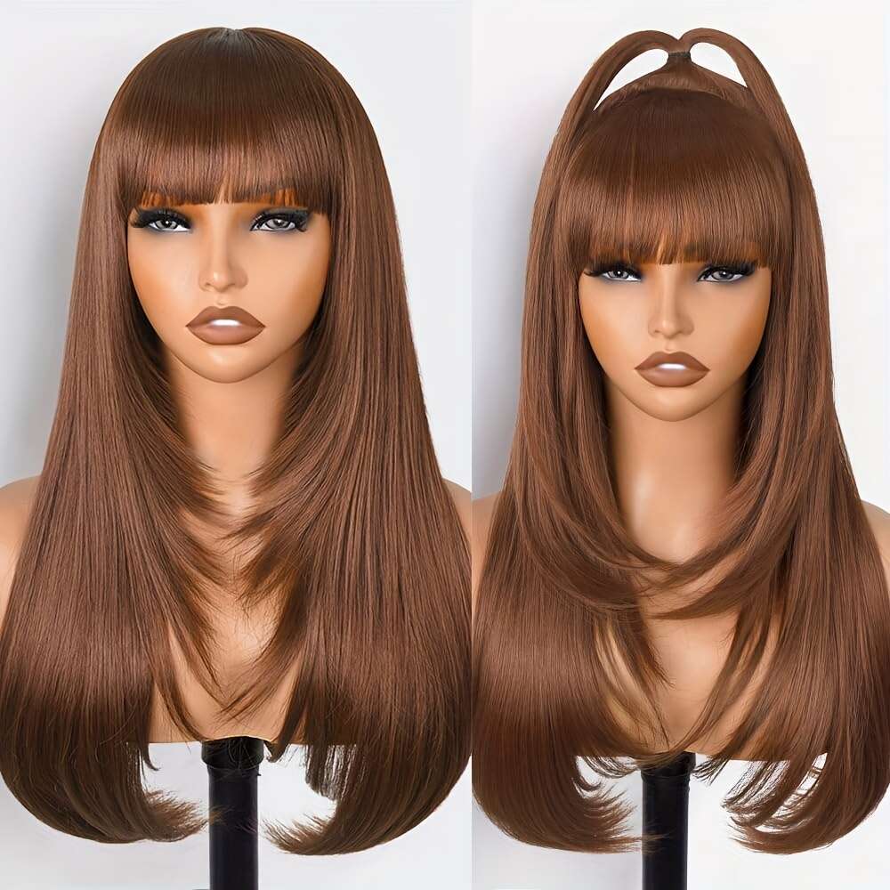 Chic Layered Straight Wig With Bangs - Brown Synthetic Hairpiece Women, Glueless Pixie Cut, Density Rose Net Cap, Perfect For Daily Use & High-Tempera