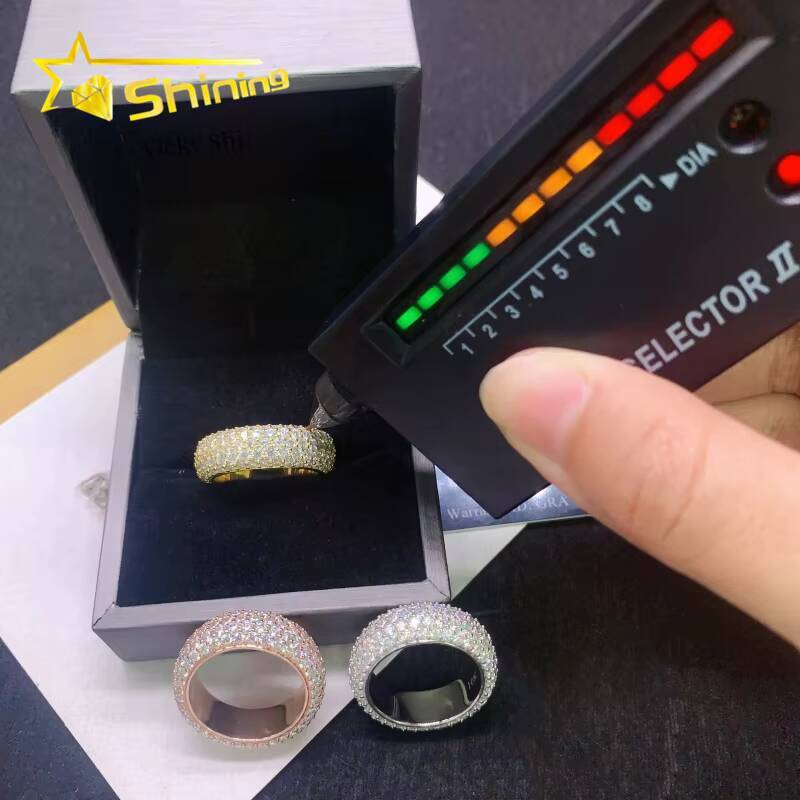 Shining Full of Diamond 5 Rows Moissanite Diamond Ring Men 925 Sterling Silver Gold Plated Hip Hop Ring Finger Rings