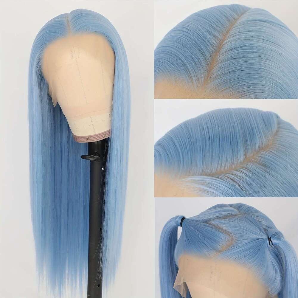 Women's 28 Inch Sky Blue Straight Synthetic Front Wig, High Temperature Fiber, Glueless HD Frontal, Soft Silky Hair For Halloween, Party, Cosplay