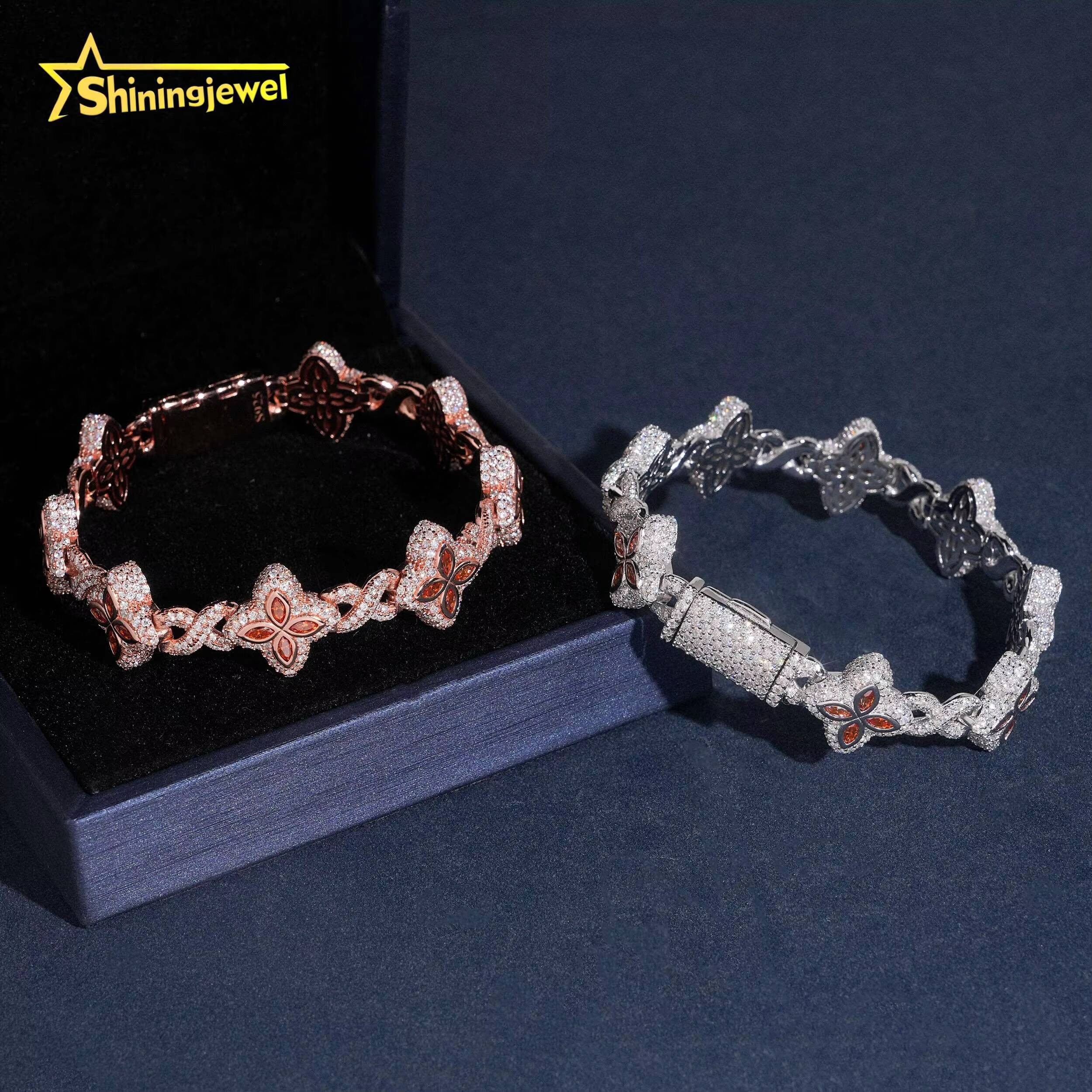 15MM 925 Silver Fanta Color Moissanite Four Leaf Clover Bracelet Hip Hop Jewelry Custom Iced Out Moissanite Cuban Bracelet