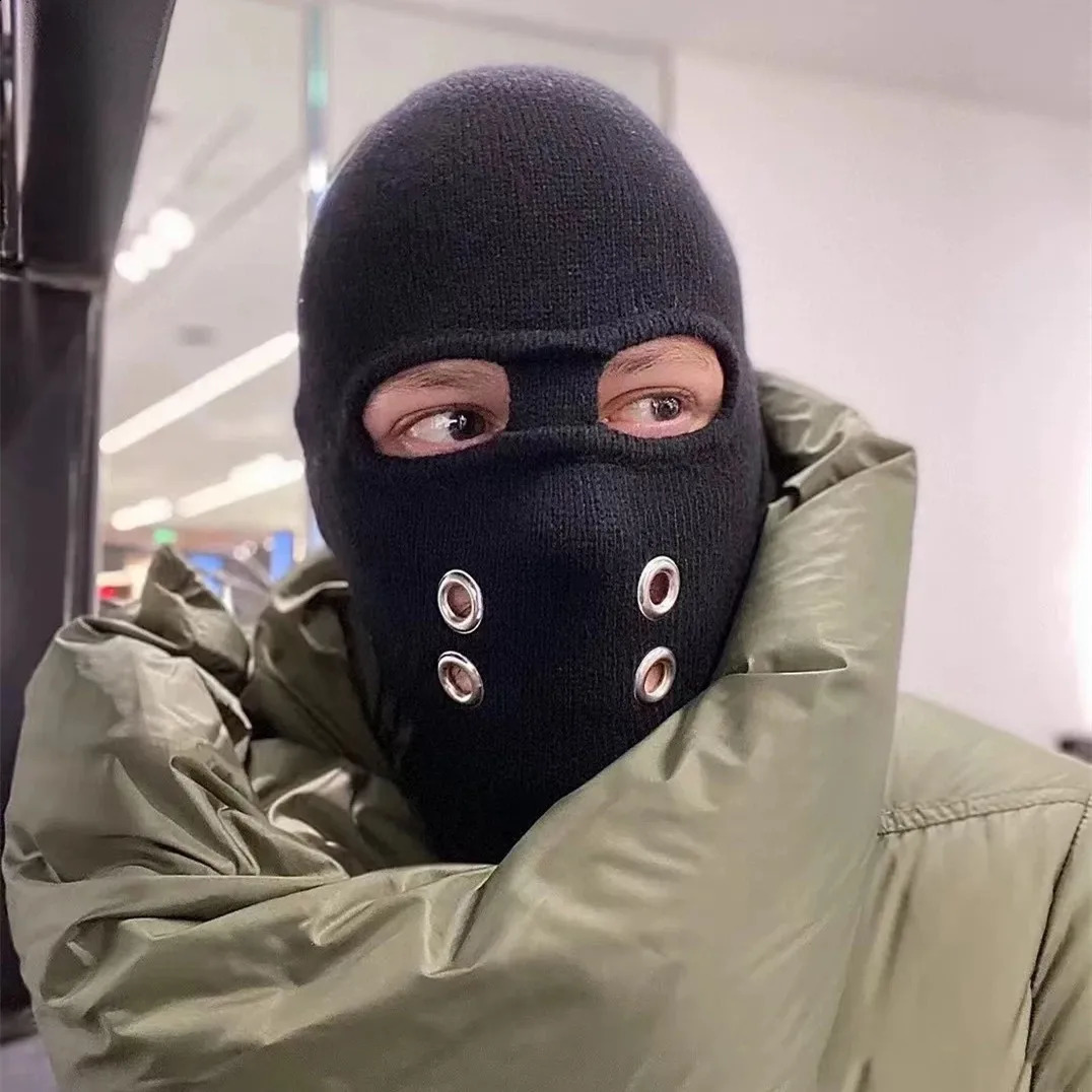 Hollow Out Eyelets Hip Hop Punk Ski Mask Skull Cap 2025 Winter Tactical Techwear Style Warm Knitted Hat Balaclava 251027