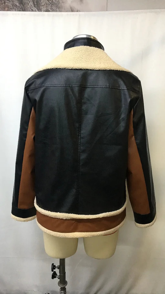 Mens Warm Contrast Color Leather Coat Winter Faux Fur Lined Stand Collar Long Sleeve Jacket Vintage Biker Style Oute 251027