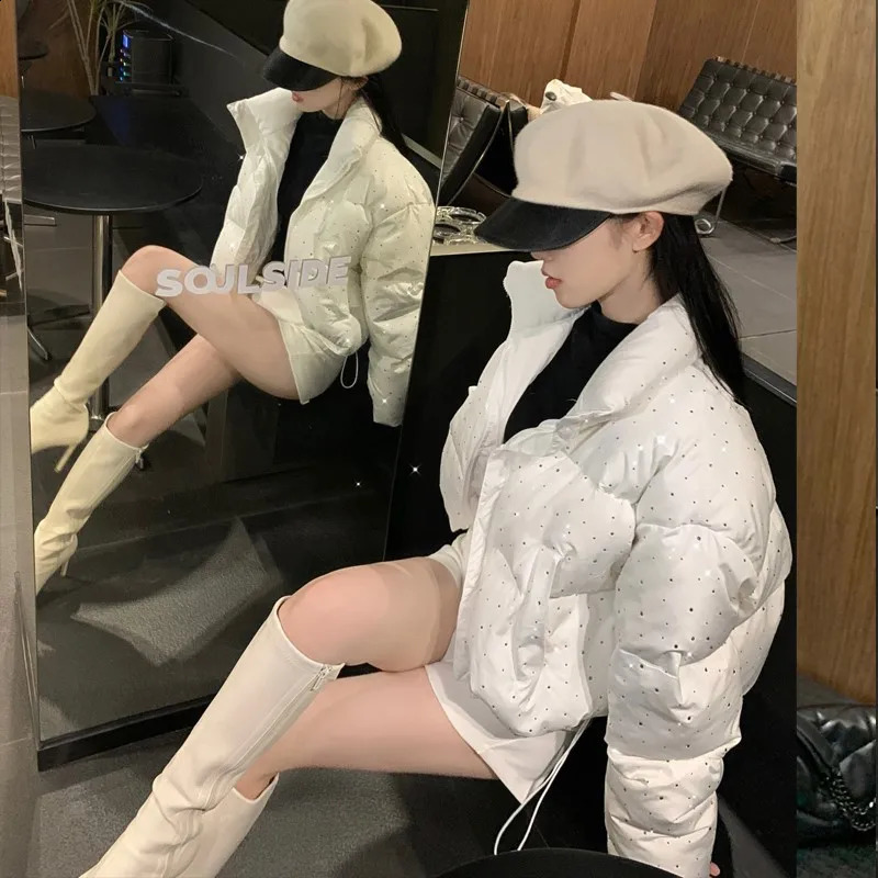 Women Autumn Winter Elegant Puffer Jacket Coats Chic Short Zipper Parkas Coat Korean Fashion Stand Collar Solid Outerwear 251015