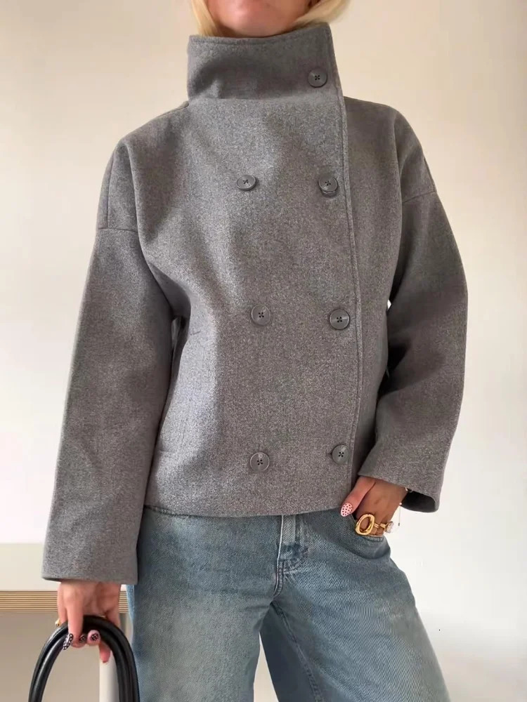Street Solid Loose Womens Short Overcoat Stand Collar Long Sleeve Double Breasted Woolen Coat Fashion Allmatch Ladies Tops 251028