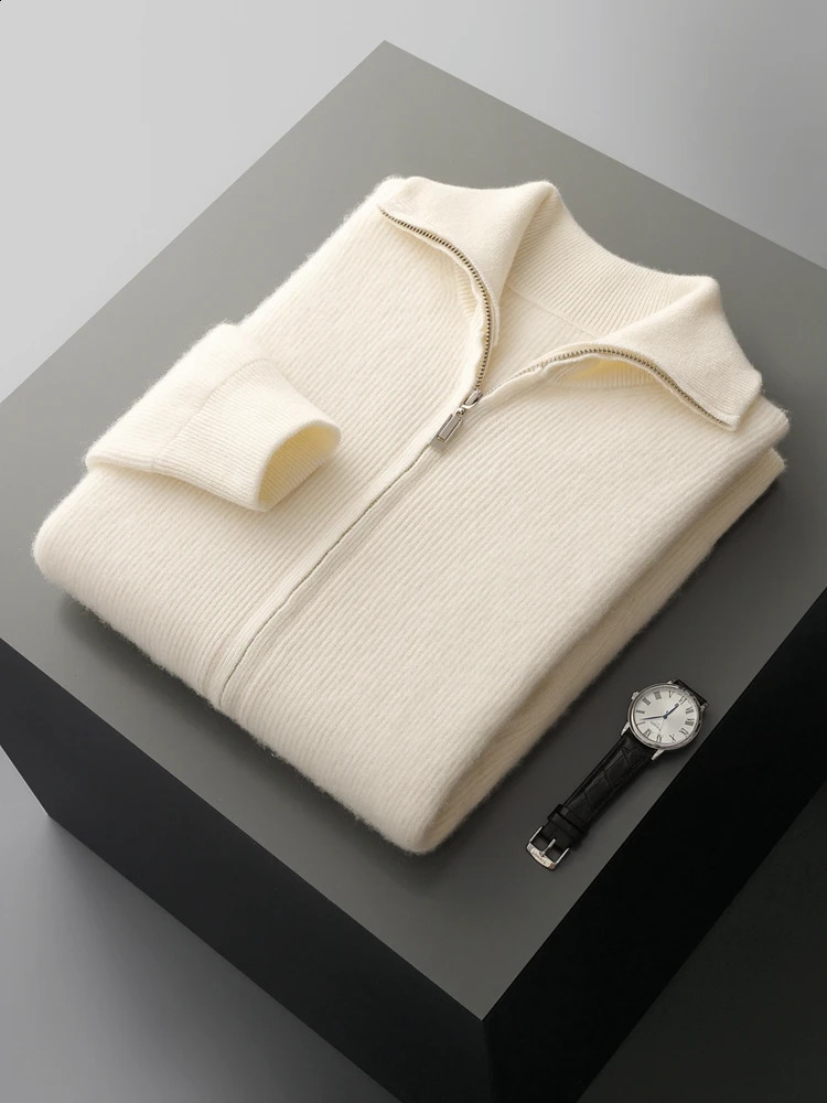 Chic Smart Casual Zipper Cardigan Mens Thick Autumn Winter 100 Merino Wool Knitted Sweater Turn Down Collar Coat Soft Tops 251017