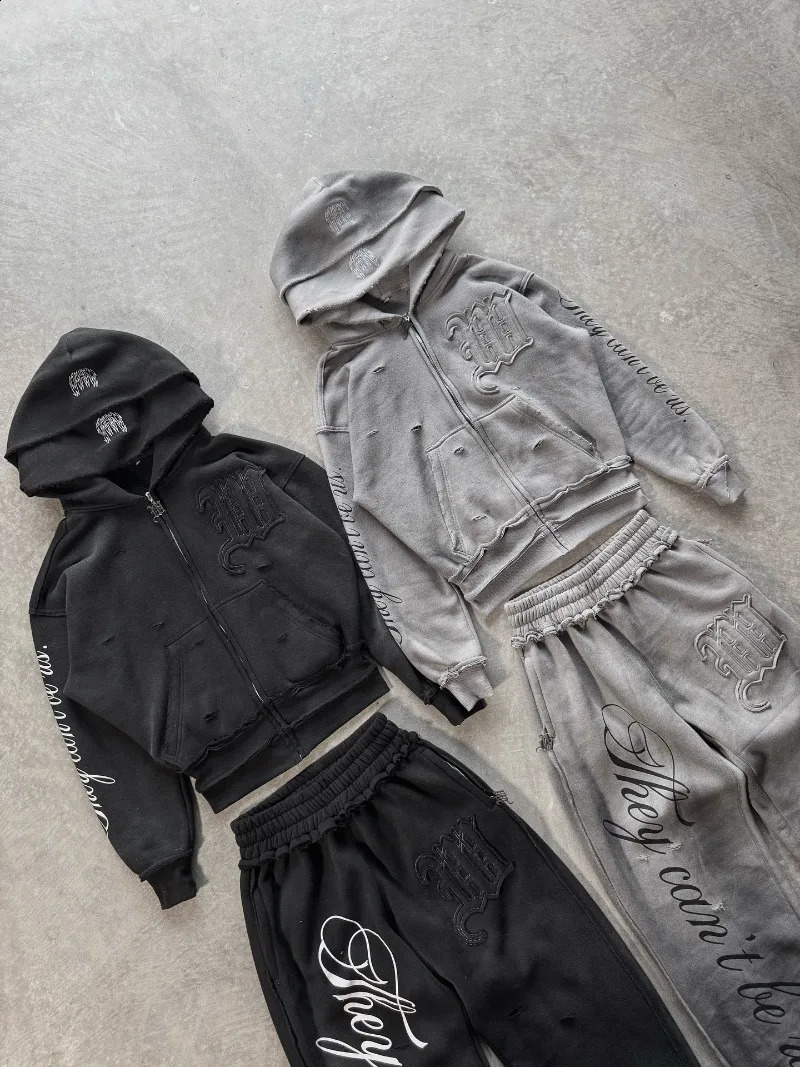 High street retro perforated embroidery American style Casual couple set Harajuku punk loose hooded sweatshirt 251027