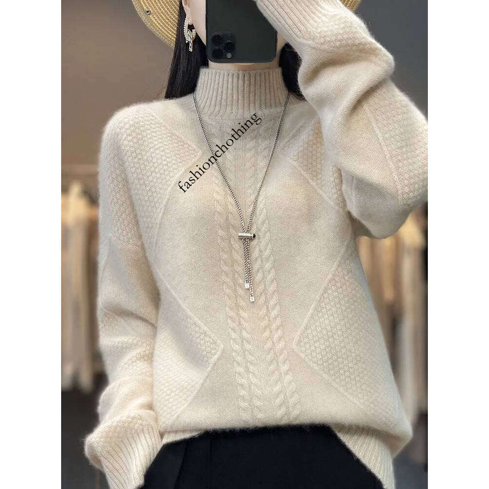 Women Mock Neck Pullovers Cashmere Sweater Autumn Winter Thick Warm Twist Casual 100% Merino Wool Knitwear Korean Fashion Tops