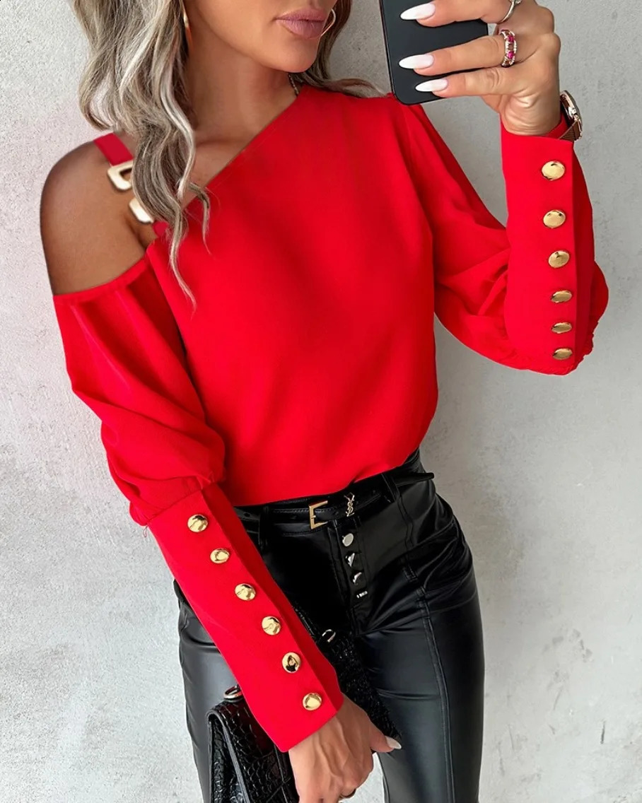 Fashion Lantern Sleeve Button Splicing Shirt Women Elegant Office O Neck Blouse Female Autumn Spring Daily Casual Tops 251027
