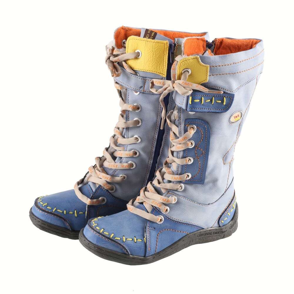 TMA EYES MAIA Women's Handmade Genuine/Microfiber Leather Winter -Like, Lace-Up Mid-Calf Round Toe Booties With TPR Sole, Grey/Black/Brown/Red Co