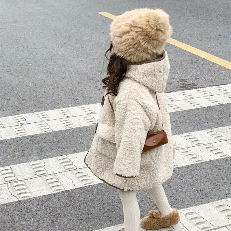 Girls Berber Fleece Jacket Autumn Winter Long Style Solid Color Thick Warm Hooded Jacket For 26Y Single Breasted Outwear 251027
