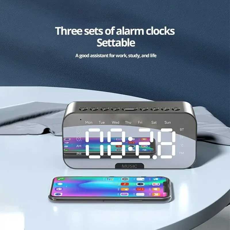 1pc LED Digital Alarm Clock with Bluetooth Speaker Mirror Bedroom Office Decor Table Screen Temperature FM Radio D251028