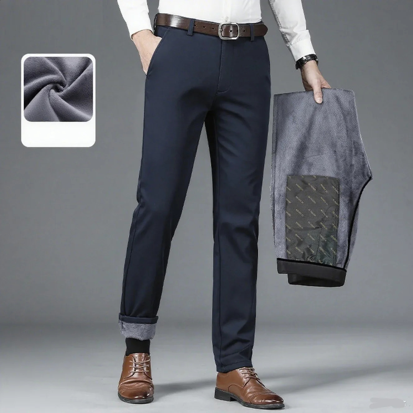 Mens autumnwinter fashionable business casual pants elastic slim fit warm and plush suit work clothes 251027