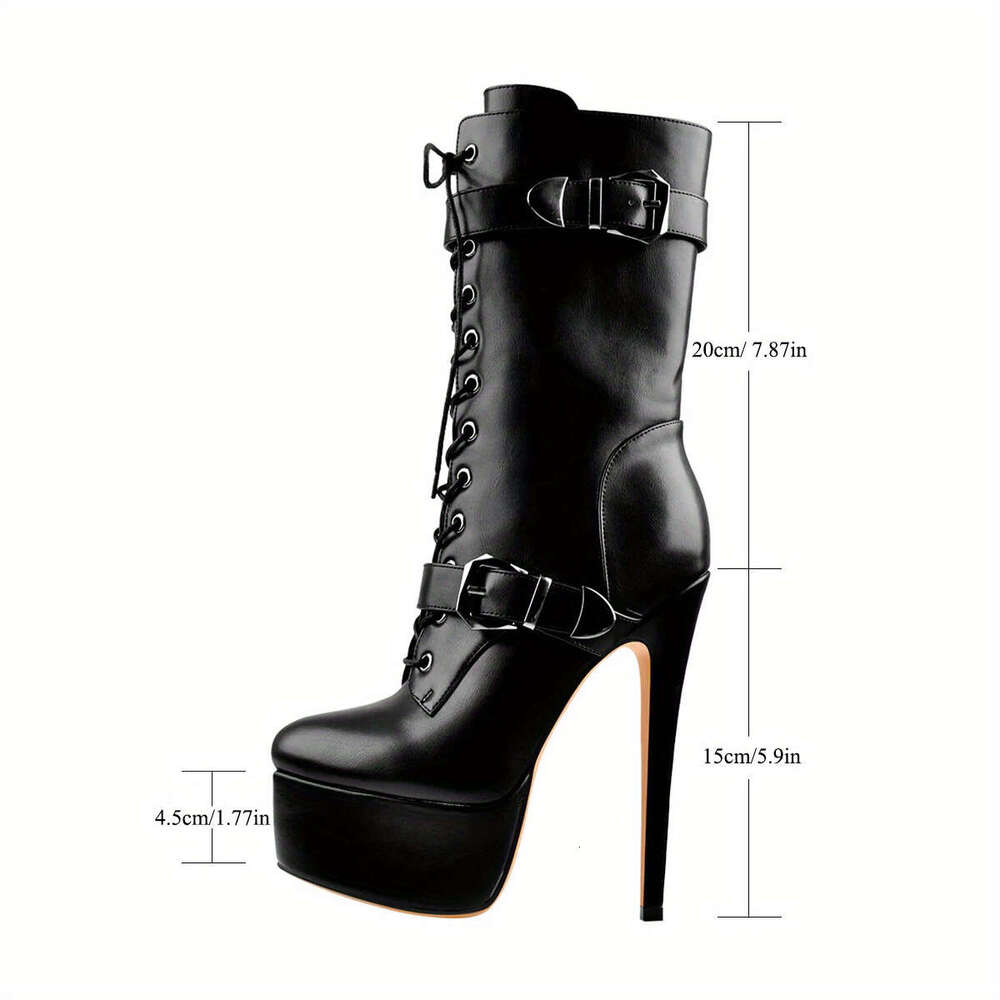 Women's Black Faux Cover Ankle With Double Buckles, Decorative Straps, And Side Zipper - High Heel Platform Short Boots For Fashionable Style, St