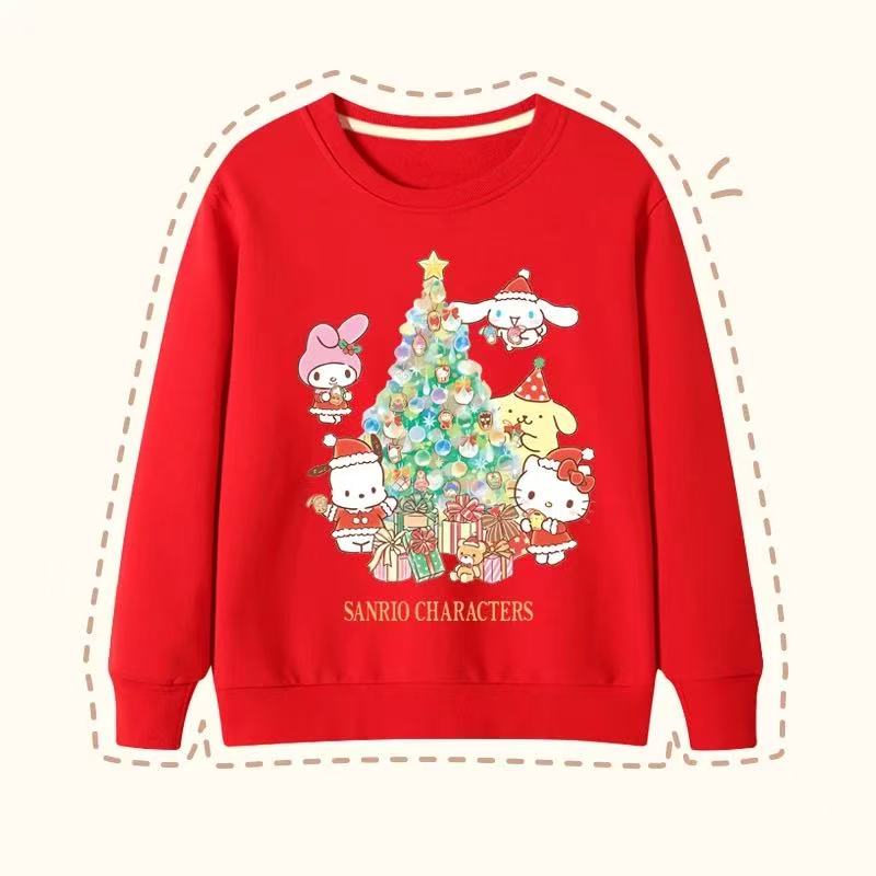 Sanrio Long-sleeved red hoodie for autumn and winter, fashionable Christmas Sanrio characters, Rilakkuma and Kuroi, children's clothing, parent-c