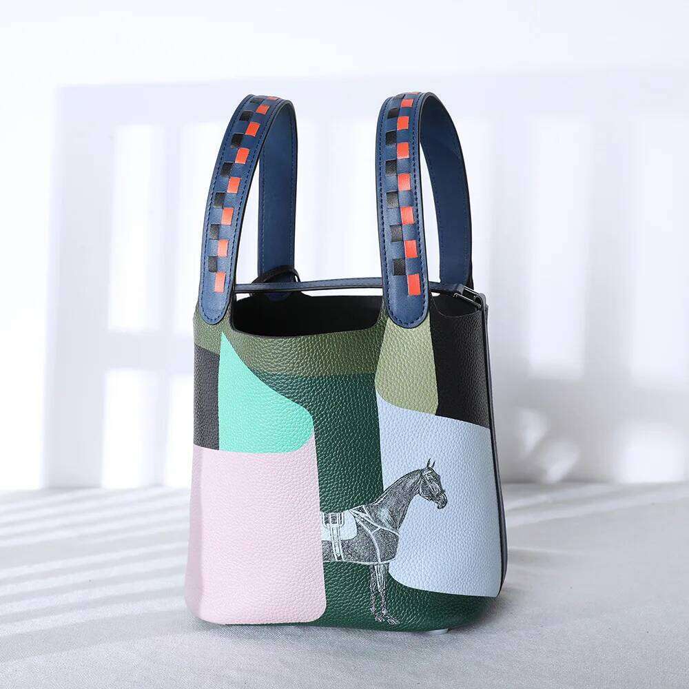 and Handbags for Women, Painted Vegetable Basket, Handbag with Adjustable Shoulder Strap, Genuine Leather Bucket Bag