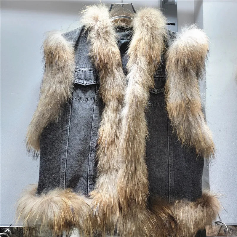 ANJY 2025 Autumn Winter Women European Fashionable Denim Patchwork Fur Jacket Vest Trendy Street Sleeveless Waistcoat A13523 251027