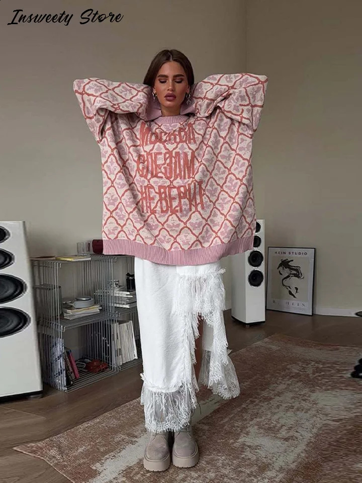 Fashion Letter Jacquard Knit Pullover Women Oversize Long Sleeve Oneck Classic Sweater 2025 Autumn Lady Casual Outerwear 251027