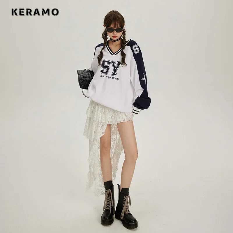 American Vintage Letter Print Fashion Casual Long Sleeve Sweatshirts 2024 Autumn Winter Womens Retro Loose VNeck Patchwork Top J251028