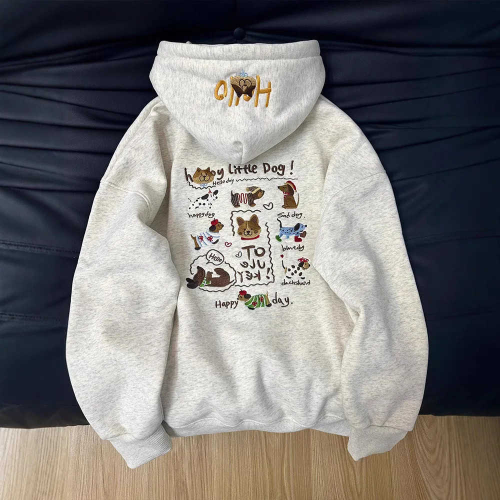 Sanrio French cute dachshund puppy print hooded sweater womens autumn and winter plus velvet high sense niche casual loose coat L251028