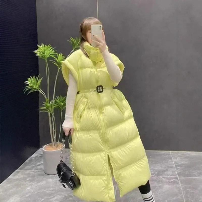 Tight Waist Long Duck Down Vest Coat Womens Fashion Thick Stand Collar Warm Jacket Sleeveless Vest Puffer Coats 251027