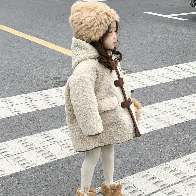 Girls Berber Fleece Jacket Autumn Winter Long Style Solid Color Thick Warm Hooded Jacket For 26Y Single Breasted Outwear 251027