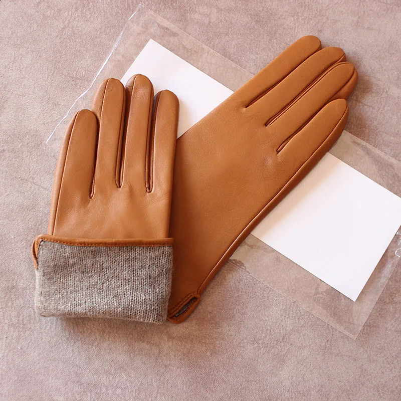 Womens Sheepskin Gloves Fashion Color Leather Simple Style Wool Lining Spring and Autumn Warmth Finger Gloves 251027