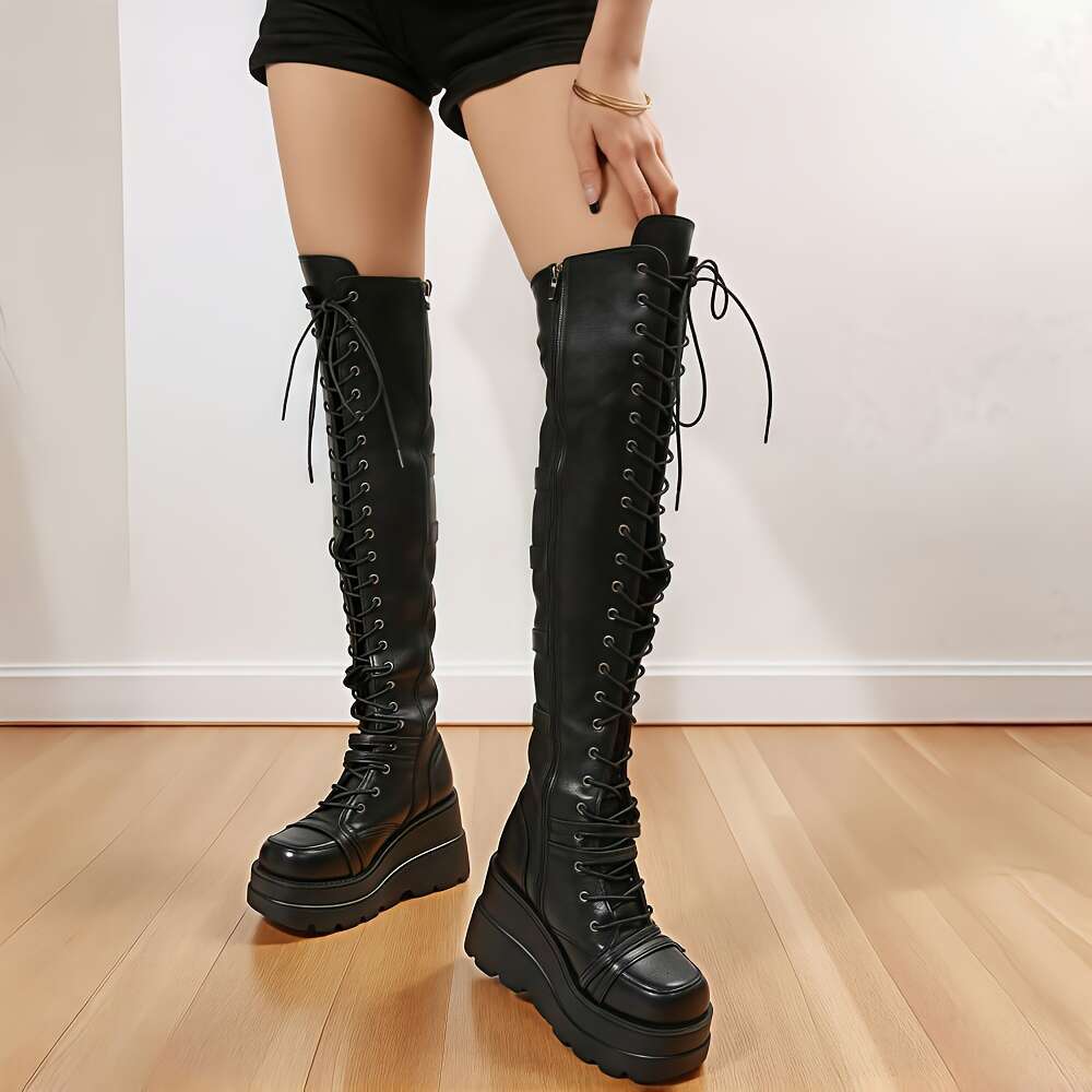 Women's Punk Platform Mid Heel Thigh High With Buckle Strap Closure, Non-Slip Rubber Sole Edgy Gothic Footwear For Cosplay, Clubbing, Motorcycle 