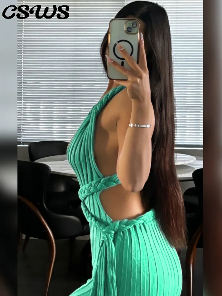 Sexy Knitted Hollow Out Long Dress Women Holiday Sleeveless Backless Ribbon High Split Solid Dresses 2025 Fashion Chic Slim Robe 251027