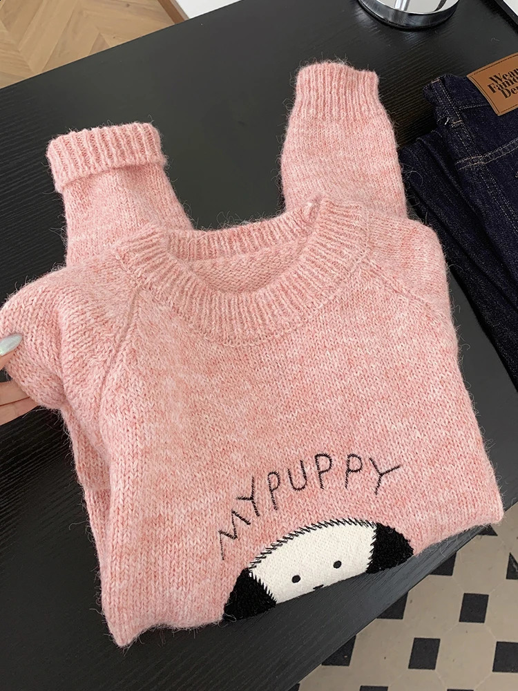 Pink Sweet Cartoon Sweaters Women Lazy Wind Long Sleeve Cute Knitted Jumper Japan Kawaii Lady O Neck Fall Winter Letter Pullover 251027