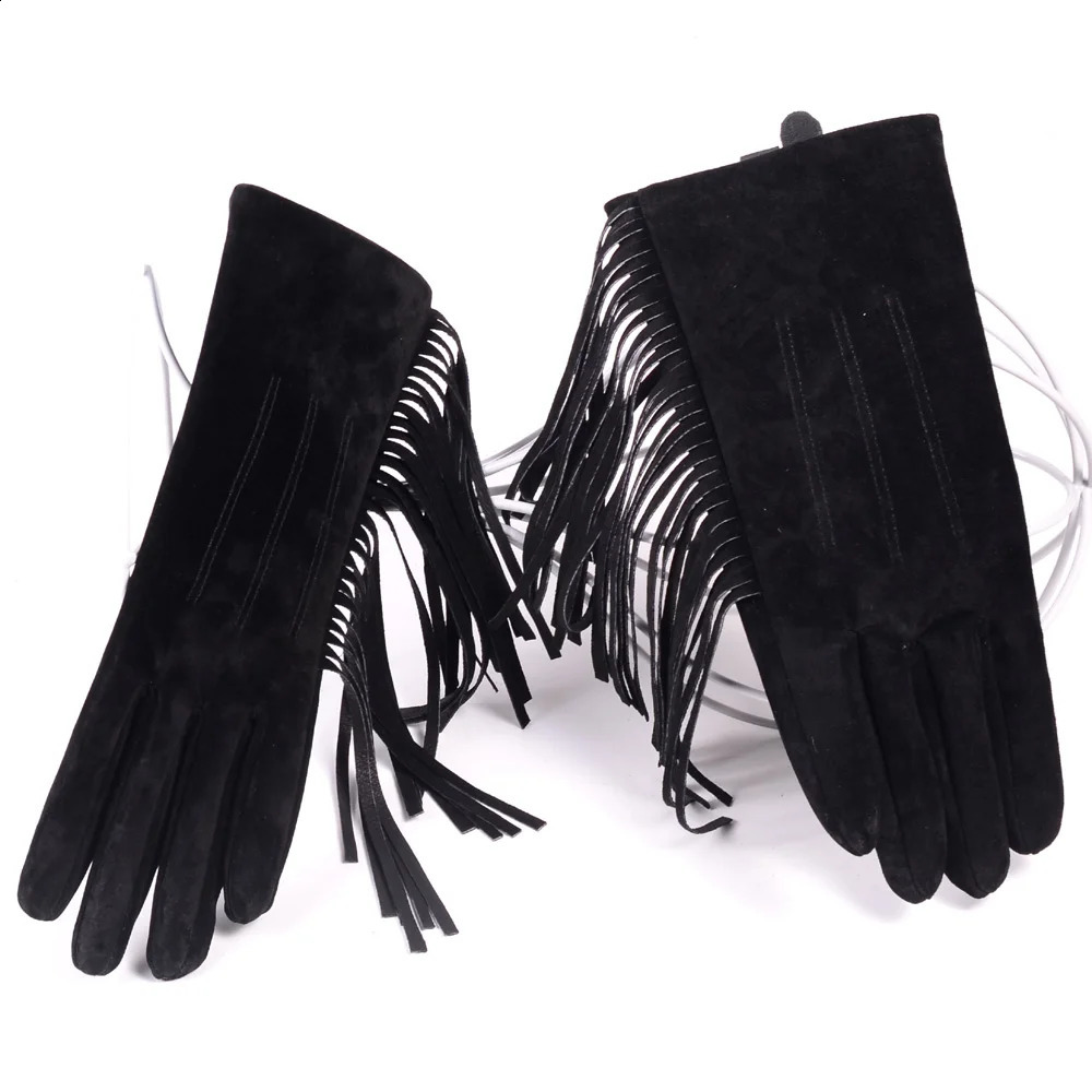2025 Winter Lady Genuine Leather Pigskin Suede Tassel Short Gloves Women Mujer Nubuck Warm Velvet Punk Show Purple Classic Luvas 251027
