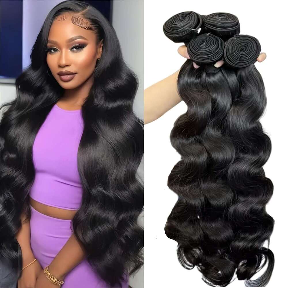 4Pcs Body Wave Bundles With 4X4 Lace Closure, Brazilian Human Hair Women, Natural Black Double Hine Weft, Easy To Wear For Daily Styling