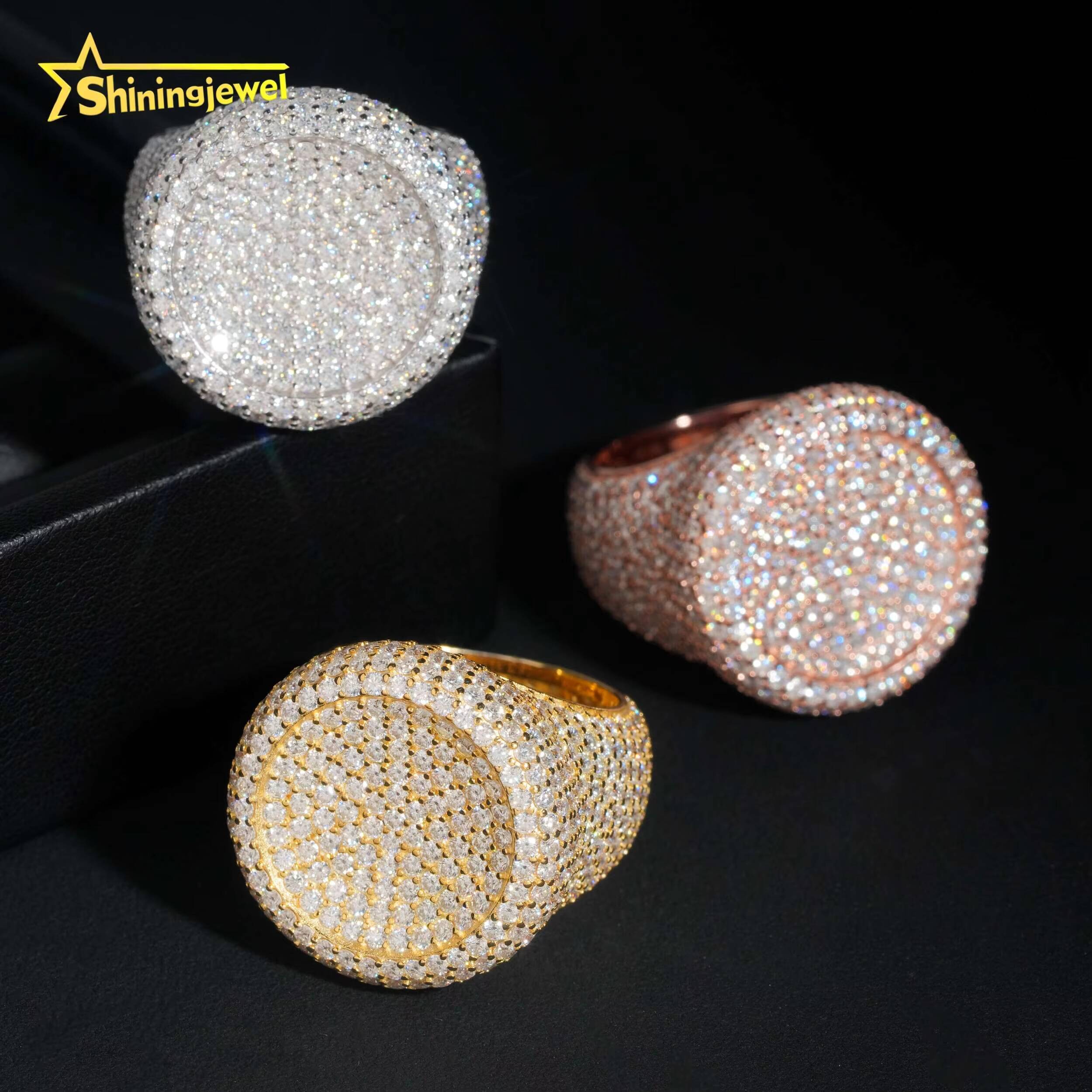 Hot Sale Round Shape Moissanite VVS Pass Diamond Test 925 Sliver Gold Plated Mens Moissanite Diamond Hip Hop Iced Out Rings