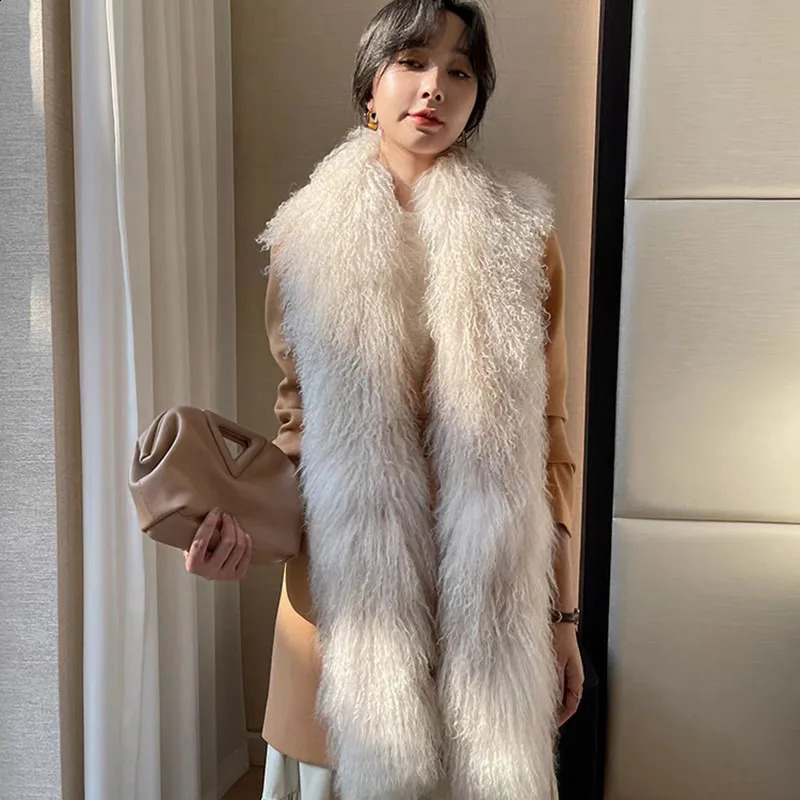 Women Winter Mongolia Fur Scarf Thick Female Fashion Warm Long Genuine Tibet Fur Scarves Fluffy Scarfs 251023