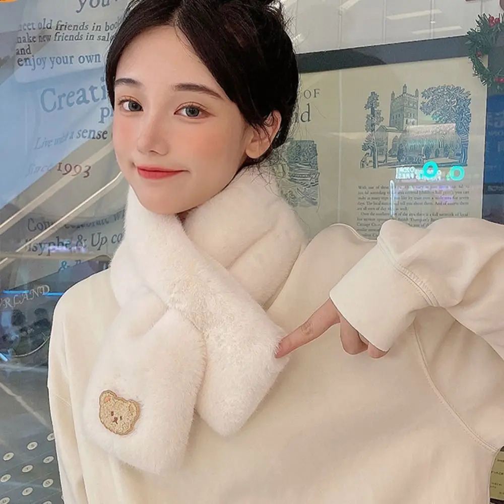 Women Winter Warm Thicken Cross Collar Scarf Cute Bear Solid Color Faux Rabbit Fur Plush Elegant Shawl Scarfs 251023