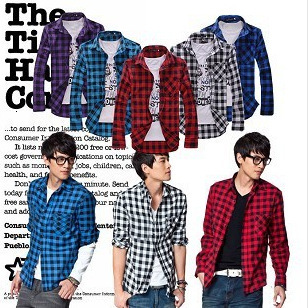 Wrinkle-Free Plaid Men's Slim Fit Long Sleeve Shirt Plaid Shirt