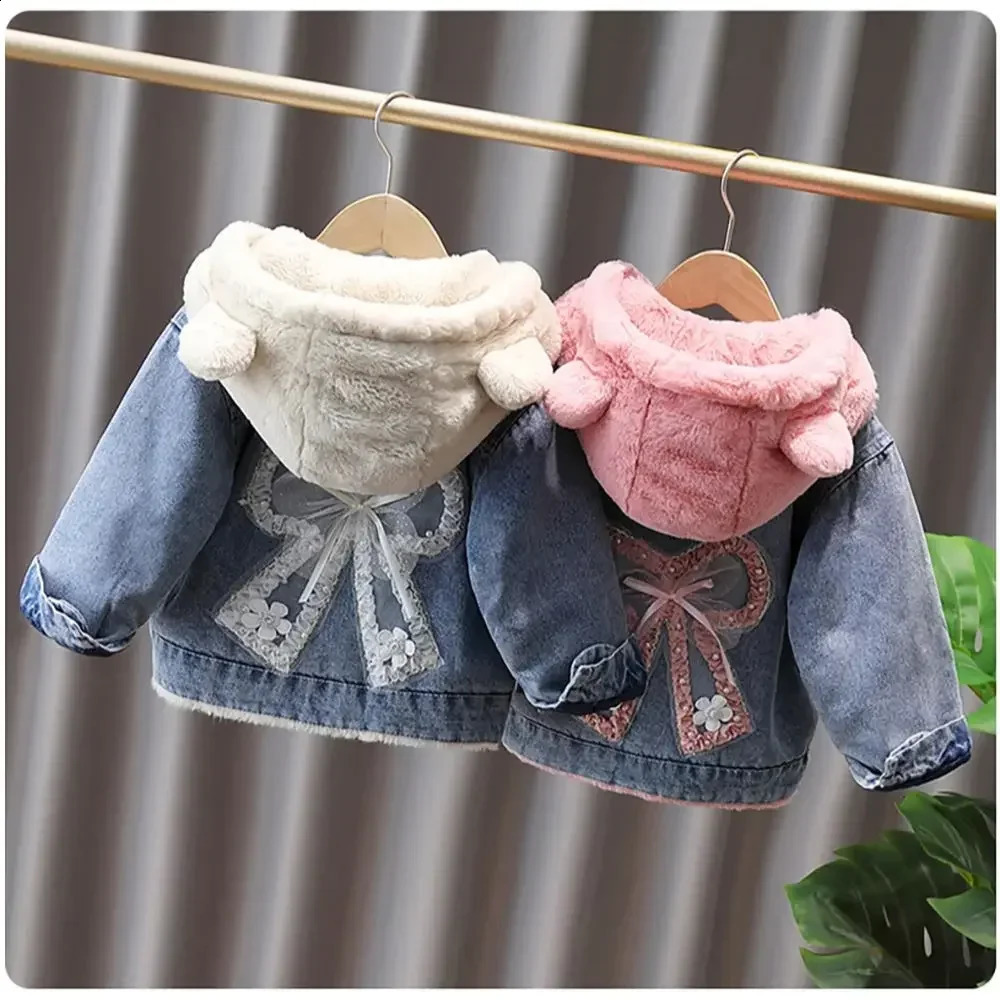 28 YThick Warm Kids Girls Denim Coat Velvet Fur Hooded Jackets Floral Bow n Outerwear 2025 Winter Children Overcoat 251027